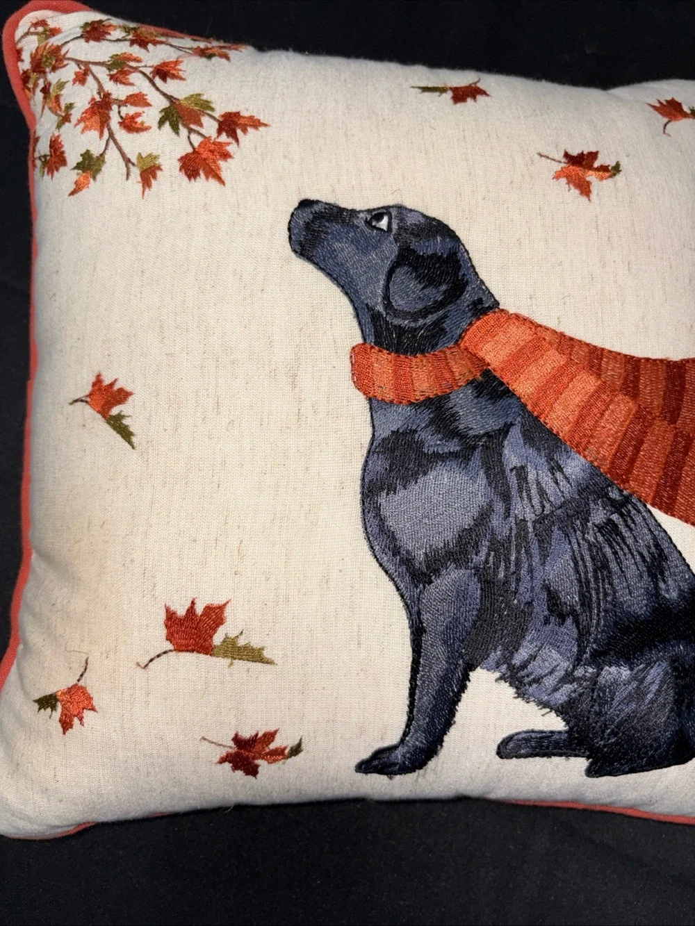 Pier 1 Black Labrador with Orange Scarf Embroidered Accent Pillow